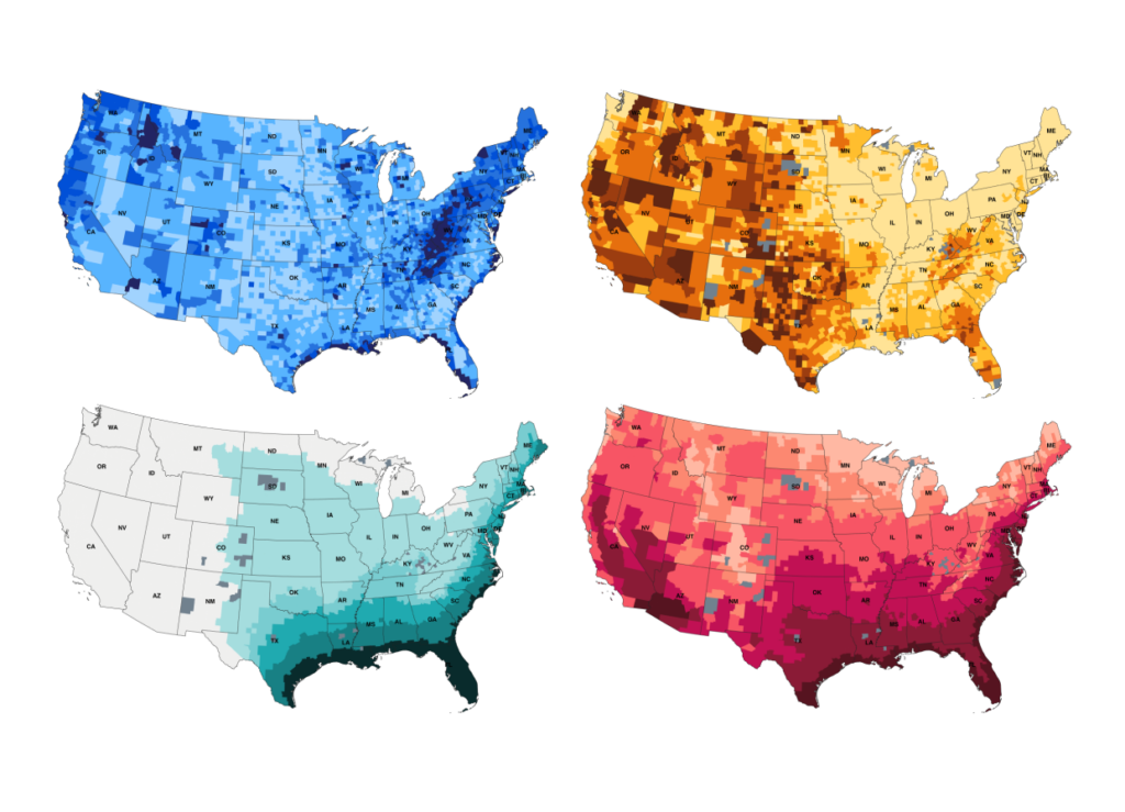 Four chloropleth maps of the United States