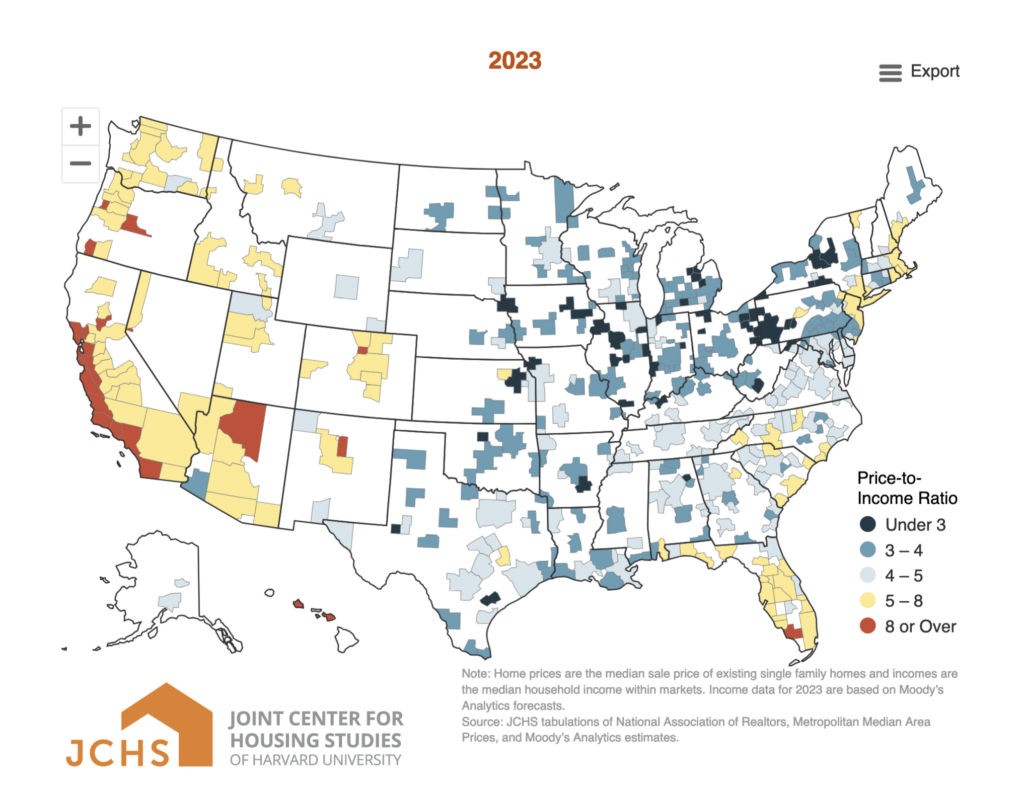 Map of US, colored by home price to median income ratio, 2023.