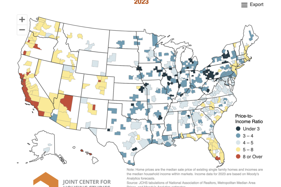 Map of US, colored by home price to median income ratio, 2023.