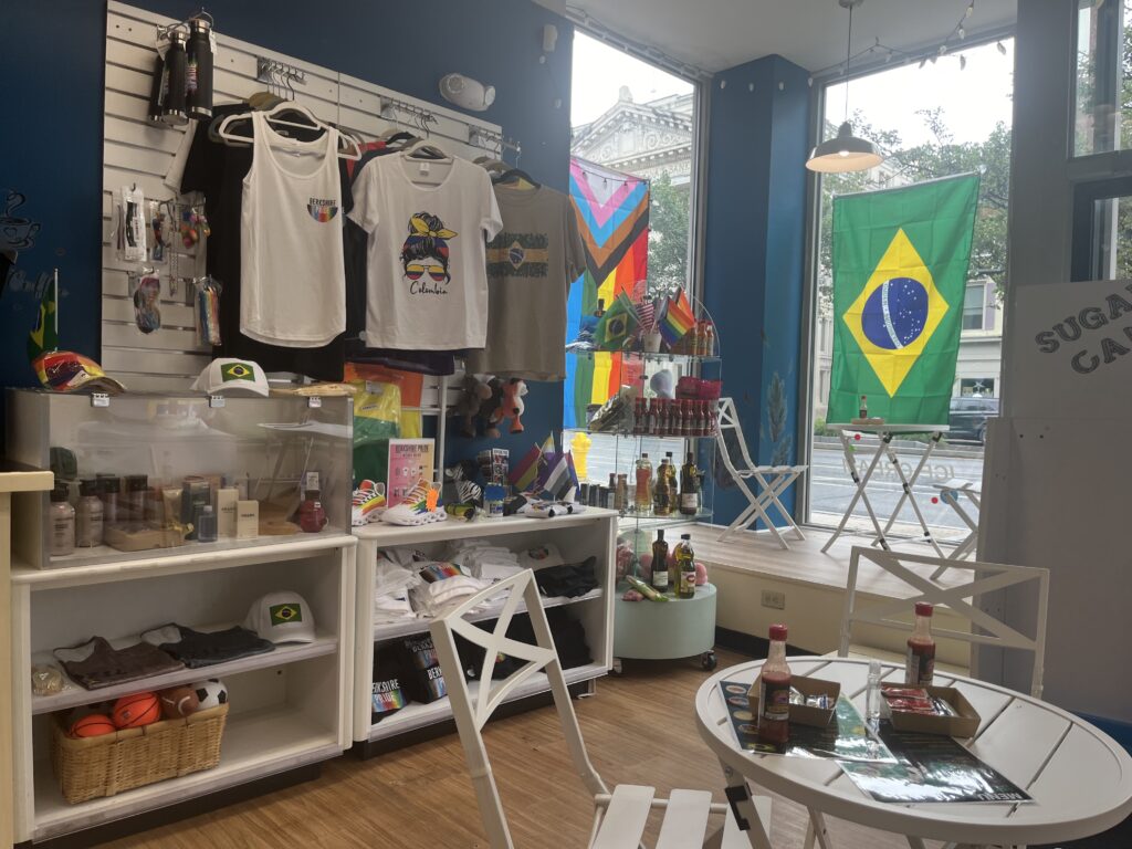 Cafe interior with gay pride and Brazilian flags