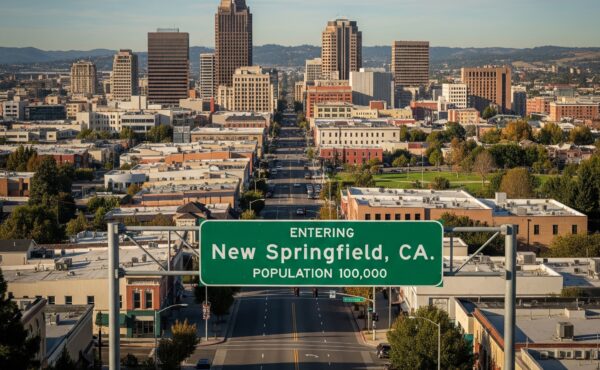 AI generated image of an imaginary city with a "Welcome to New Springfield" sign