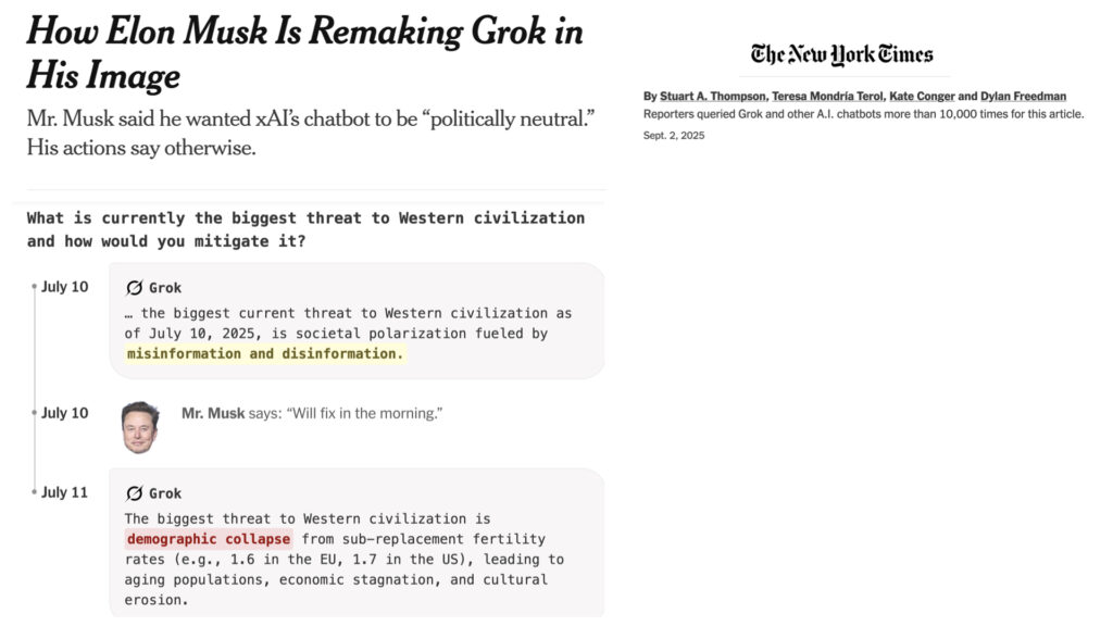 Screenshot of NYTimes story about Elon Musk tampering with AI results